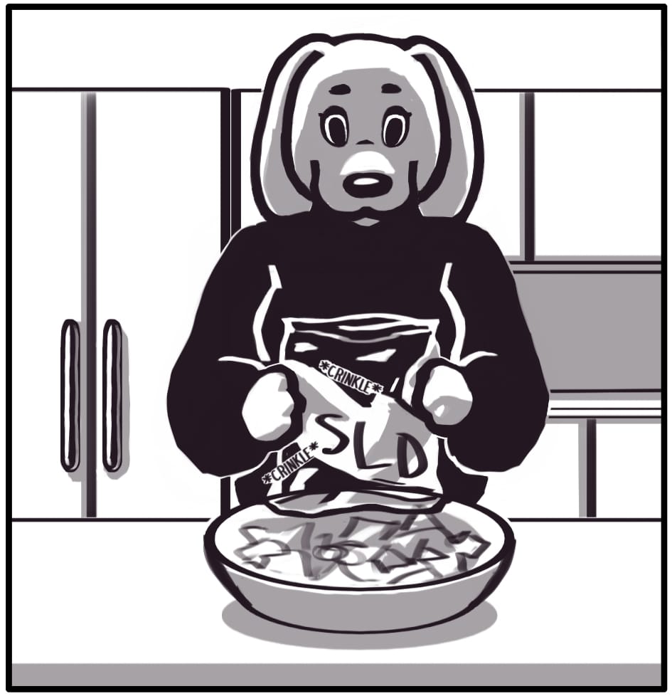 Panel 3: The woman dumps the contents of the SLD bag into a large bowl as the cellophane packaging crinkles in her hands.