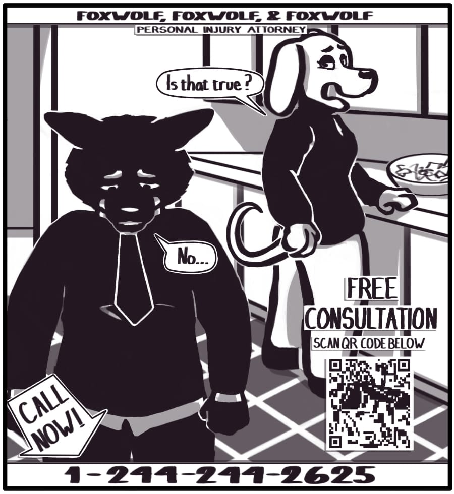 Panel 6: “Is that true?” The woman narrows her eyes at Foxwolf. Foxwolf frowns and lowers her head. “No…”