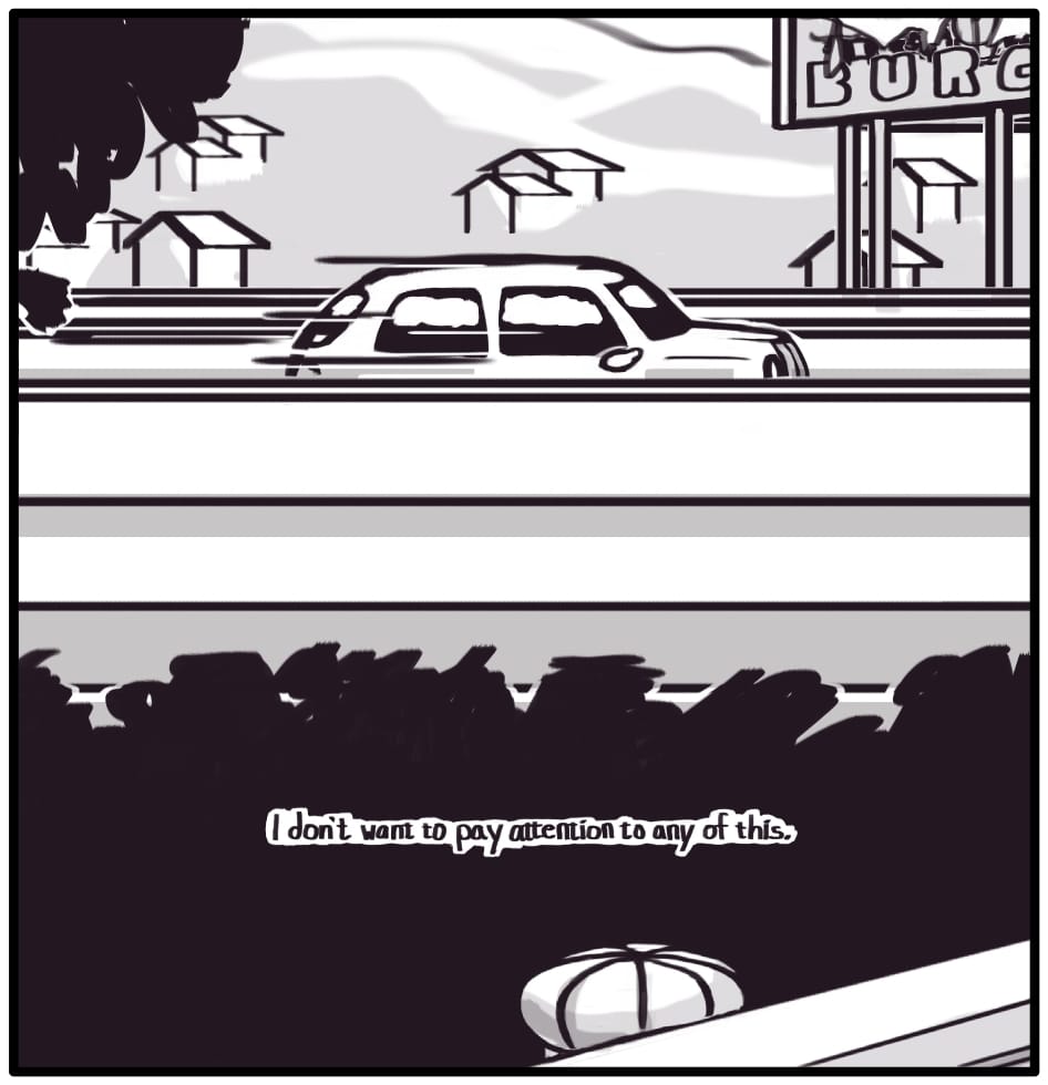 PANEL 1: A car exits the highway into a small town nestled in the mountains. Foxwolf’s inner monologue: “I don’t want to pay attention to any of this.”