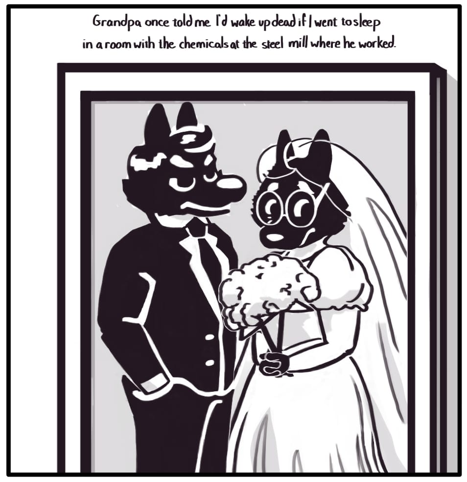 PANEL 13: It’s a photo of a Grandma and Grandpa as a young newly married couple. The groom appears annoyed, while the bride squints out half a smile. Foxwolf’s inner monologue: “Grandpa once told me I’d wake up dead if I went to sleep in a room with the chemicals at the steel mill where he worked.”