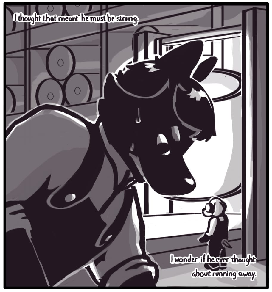 PANEL 14: Foxwolf’s inner monologue: “I thought that meant he must be strong.” The young man drips with sweat as he labors in a dark industrial building. A vat of liquid steel glows beyond him while another worker attends to the pouring process. Foxwolf’s inner monologue: “I wonder if he ever thought about running away.”