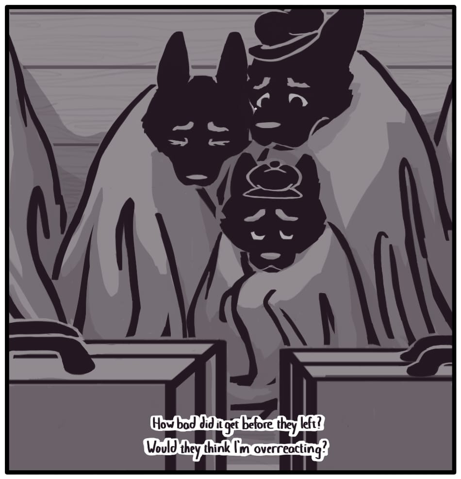 PANEL 21: Foxwolf’s inner monologue: “How bad did it get before they left? Would they think I’m overreacting?” A family of three huddle in the dark belly of a crowded ship under blankets. The mother shivers and clings tightly to her family while the small boy looks to his father for reassurance that their circumstances are less dire than they appear.
