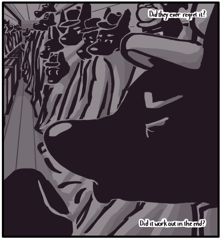 Foxwolf’s inner monologue: “Did they ever regret it?” Suitcases and belongings form narrow rows between the tired immigrants crammed below deck. Another young boy further down the line coughs violently, as the first watches anxiously. Foxwolf’s inner monologue: “Did it work out in the end?”