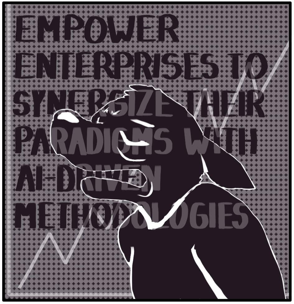 Panel 1: Foxwolf is in a swirl of AI marketing language contorting in pained expressions “EMPOWER ENTERPRISES TO SYNERGIZE THEIR PARADIGMS WITH AI-DRIVEN METHODOLOGIES”