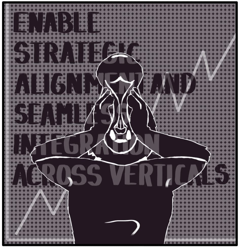 Panel 3: Foxwolf leans back and pushes her hands together through her cheeks, pulling her mouth open. “ENABLE STRATEGIC ALIGNMENT AND SEAMLESS INTEGRATION ACROSS VERTICALS”
