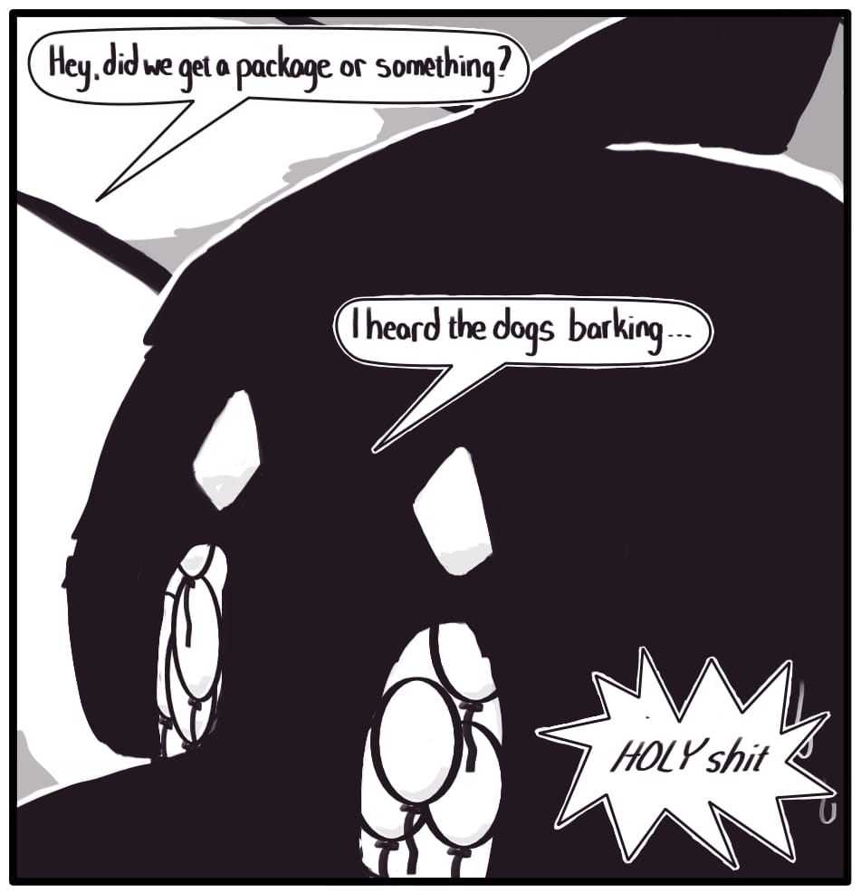 PANEL 5: Foxwolf is entranced. Balloons reflect in her eyes and sweat drips down her temples. “Hey did we get a package or something?” From the other room, Houndmage approaches the living room again. “I heard the dogs barking…” “HOLY shit,” he says entering the room.